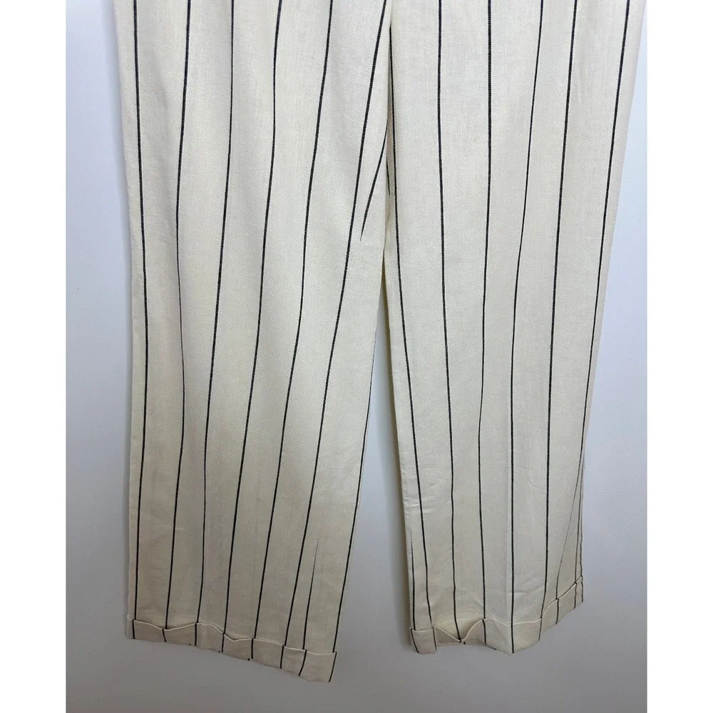 Lauren Ralph Lauren Linen Blend Pants Cream Stripe Wide Leg Minimalist Office - Picture 6 of 16